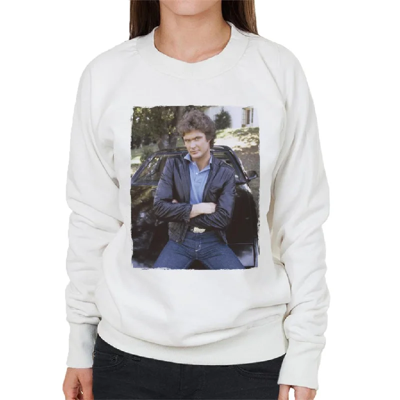 Knight Rider Michael Knight Leaning On KITT Women's Sweatshirt Hoodie with Sequins Glamorous Eye-catching