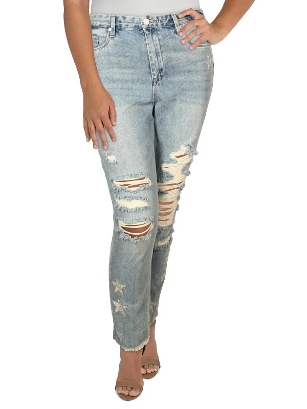 Womens Denim Patchwork Straight Crop Jeans Elegant Bootcut Fit Jeans