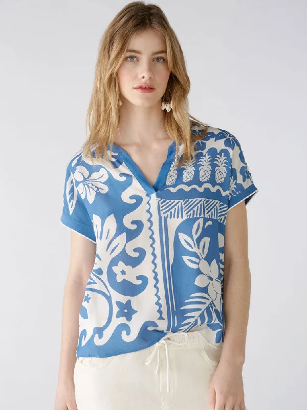 Oui Blouse White & Blue Lightweight Tunic Blouse