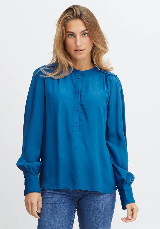 Fransa Round Neck Buttoned Blouse, Blue Classic White Blouse