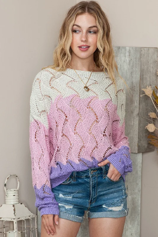 Round Neck Openwork Dropped Shoulder Sweater Beaded Sweater Sequined Faux Fur