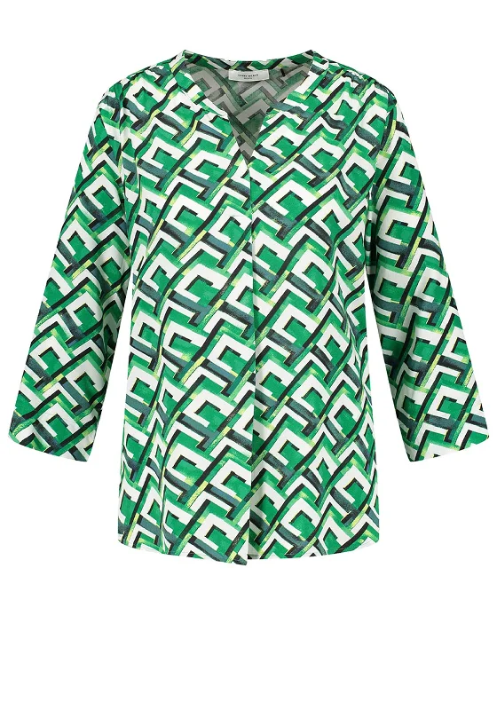 Gerry Weber Abstract Print Notch Neck Blouse, Green Satin Bow Blouse