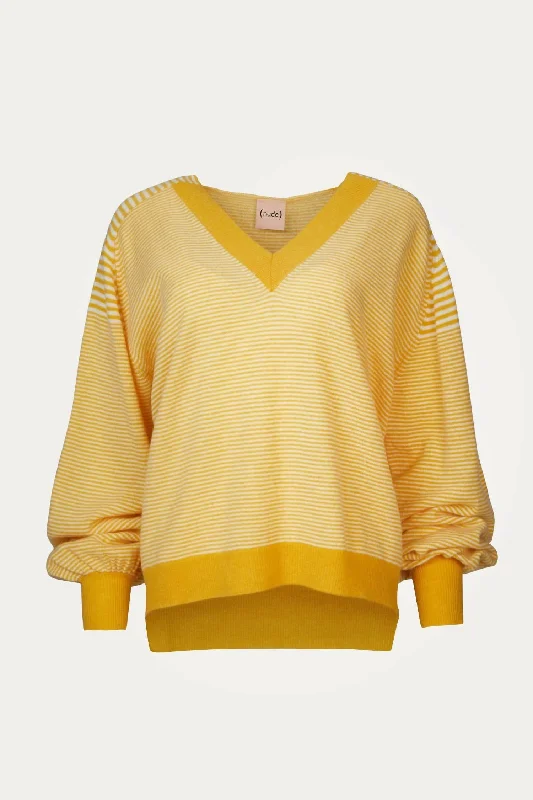 V-Neck Sweater In Yellow/off White Sequined Glittery Shiny