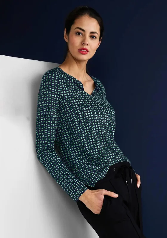 Street One Minimal Print Blouse, Navy & Green Pleated Collar Blouse