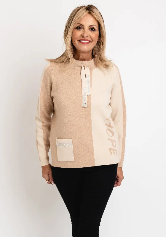 Micha Colour Block Text Print Knit Sweater, Beige Casual Formal Business