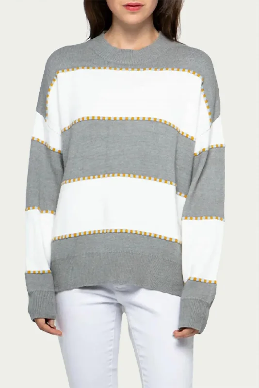 Two-Tone Striped Crewneck Sweater In Heather Grey Collared Crew Neck Turtle Neck