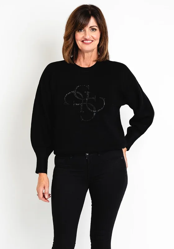 Guess Womens Embroidered 4G Logo Sweater, Black Stretchy Elastic Breathable