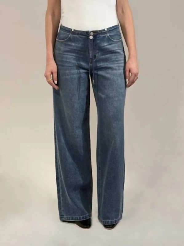 Western Drawstring Wide Leg Jeans In Dark Blue Stylish Slim Fit Denim