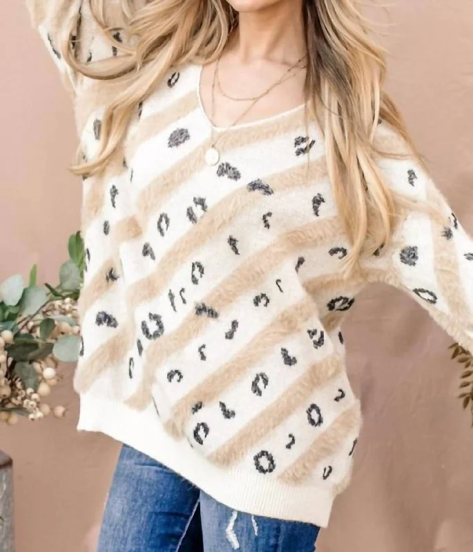 Leopard Print Faux Fur V Neckline Sweater In Cream Graphic Sweater Embroidered Appliqued