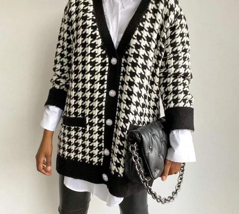 Women Loose Sweater | Oversized Button Down Knitted Sweater | Casual V Neck Long Sleeve Sweater | Houndstooth Cardigan Sweater Outwear Coat Denim Fabric Leather Fabric Suede Fabric