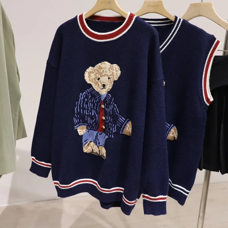 Teddy Bear Sweater Vest | Casual V Neck Sweater | Women Knitted Sweater | Korean Style Sweater | Girl Winter Sweater | Cartoon Vest Pullover Graphic Sweater Embroidered Appliqued