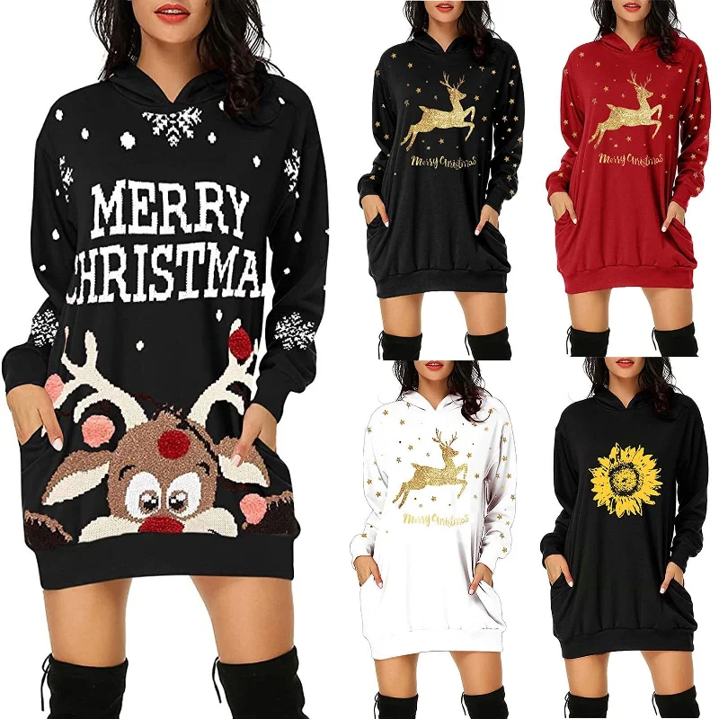 Christmas hot sale printed mid-length pocket hooded long-sleeved sweater Beaded Sweater Sequined Faux Fur