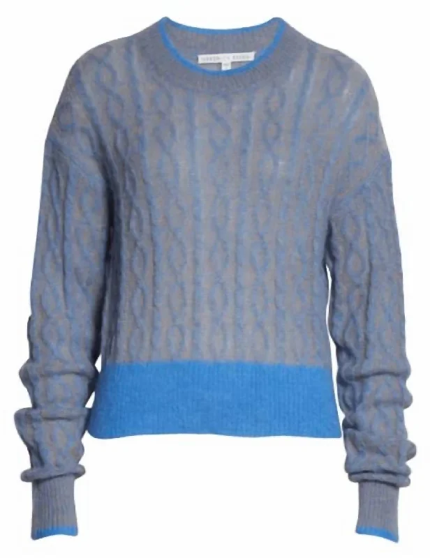 Riola Mohair & Alpaca Cable Crewneck Sweater in Blue Ribbed Striped Patterned