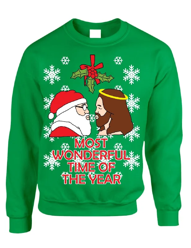 Most wonderful time Santa and Jesus Womens sweater Iron Safe Non-Iron Wrinkle Free