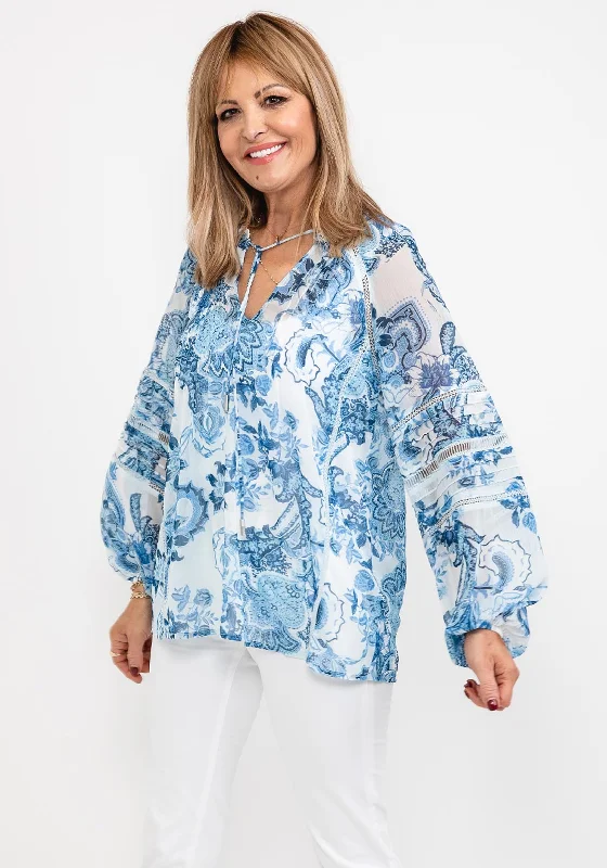 Guess Womens Floral Chiffon Blouse, Blue Mandarin Collar Blouse