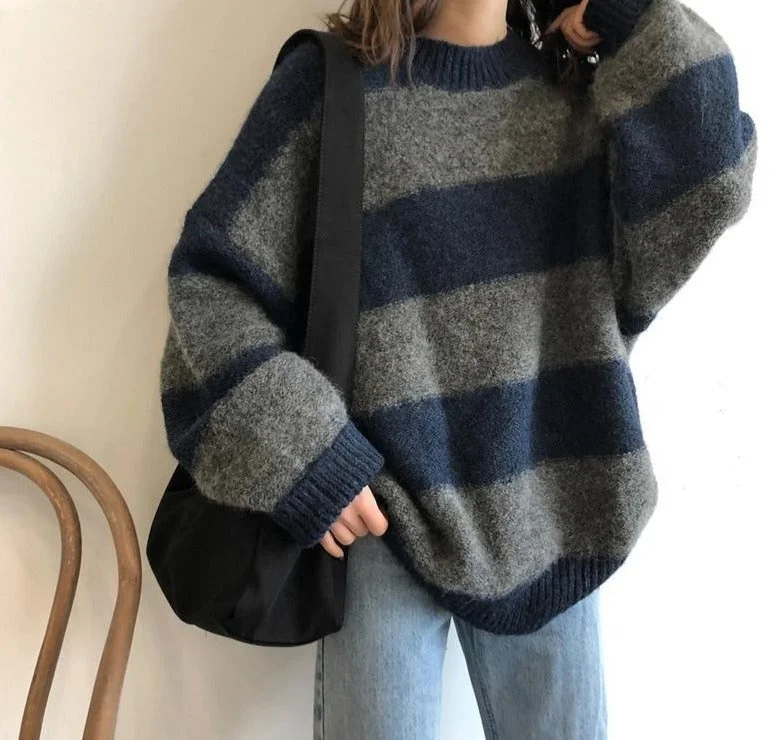 Striped Hand Knitted Sweater | Striped knitted sweater | Women Loose Pullover Sweater | Oversize Knitted Sweater | Casual Women girl Sweater Cotton Fabric Linen Fabric Terry Fabric