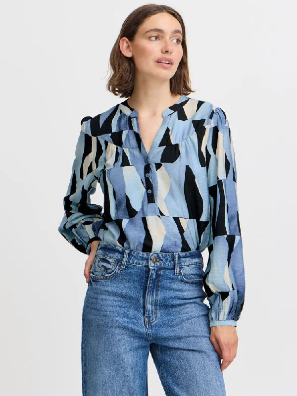 B Young ByIbine Blouse Dusty Blue Abstract Collared Satin Blouse