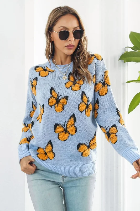 Butterfly Pattern Round Neck Dropped Shoulder Sweater Front Pockets Side Pockets Patch Pockets