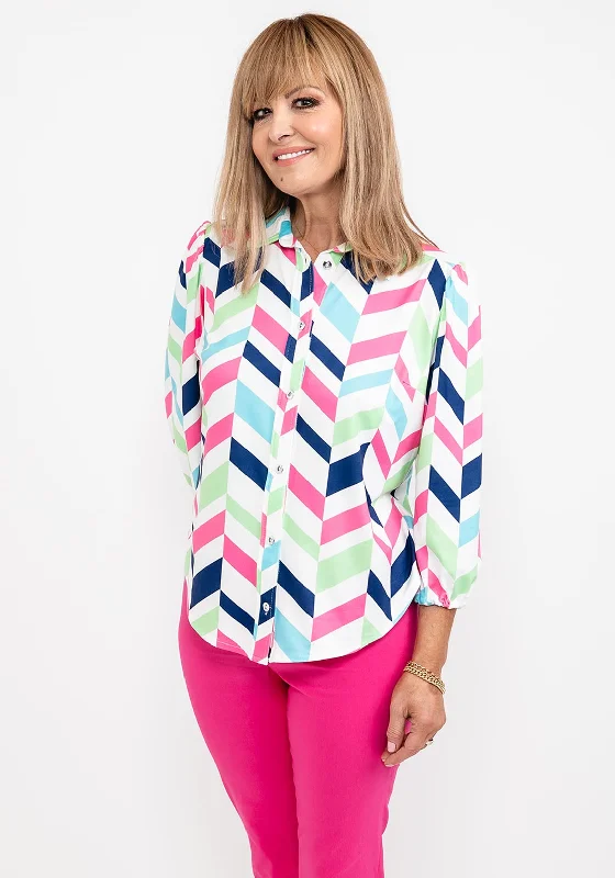 Leon Collection Diagonal Block Pattern Blouse, White Multi Soft Pastel Blouse