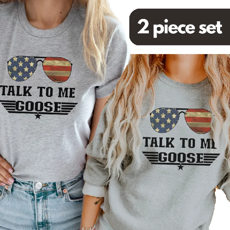 Talk To Me Goose Tee & Sweater Bundle Set- Heather Grey Ribbed Striped Patterned