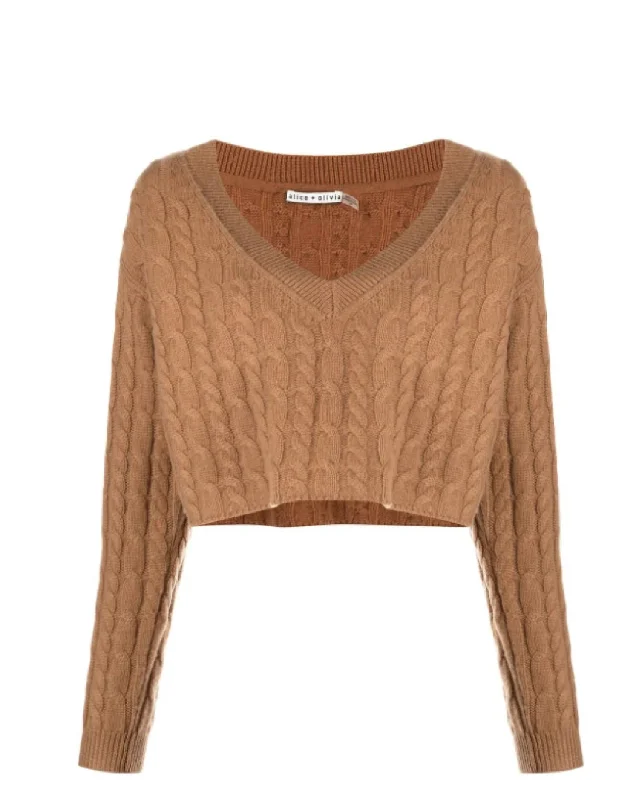 Ayden V-Neck Cable Knit Pullover Cropped Top Sweater in Camel Fitted Slim Tailored