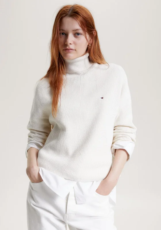 Tommy Hilfiger Womens Funnel Neck Knit Sweater, Ancient White Terry Blend Velvet Blend Canvas Blend