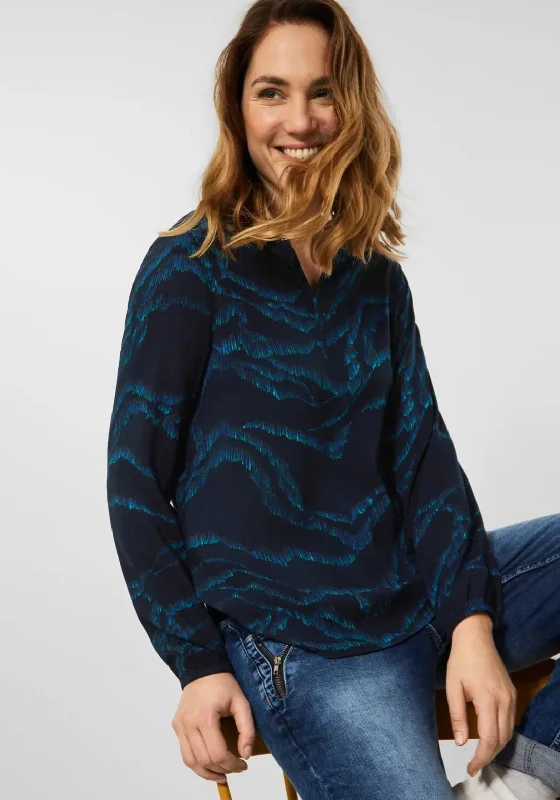 Cecil Abstract Wave Pattern Blouse, Deep Blue Elegant Semi-Sheer Blouse