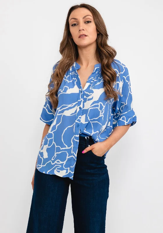 Fransa Marble Pattern Notch Neck Blouse, Blue Versatile Layering Blouse