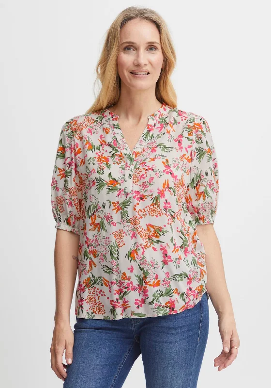 Fransa Notch Neck Floral Blouse, White Multi Delicate Bow Blouse