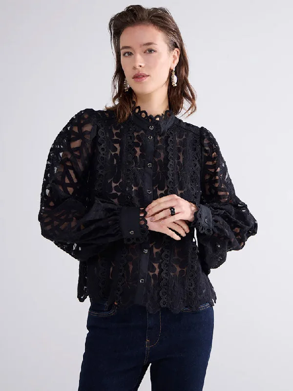 Summum Organza Lace Blouse Black Floral Print Blouse