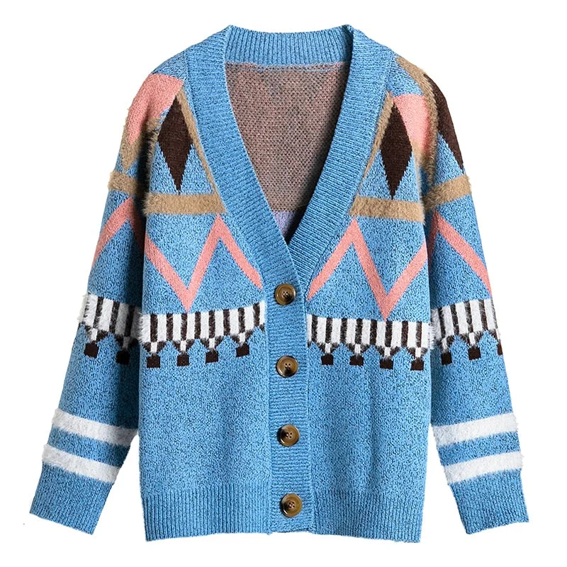 Geometric Print Leisure Sweater Cardigan Women Embroidered Appliqued Beaded