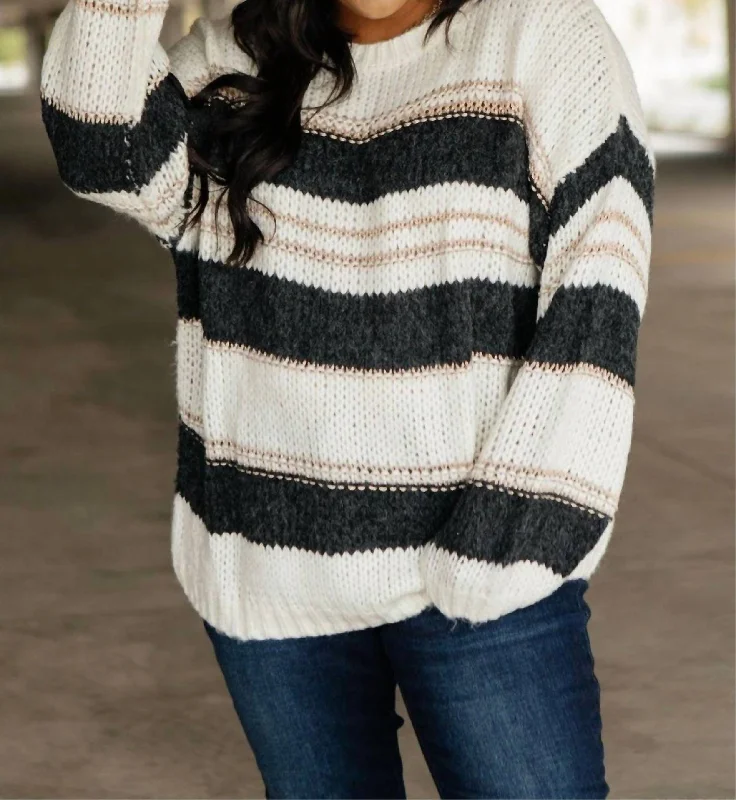 Sraightforward Striped Sweater In Ivory And Black Open Front Closed Front Wrap Front