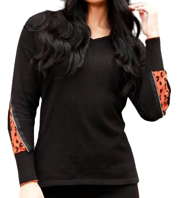 Cheetah V-Neck Sweater With Zip Sleeves In Black/rust High Neck Crew Neck V-Neck