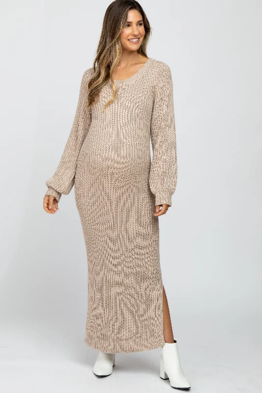 Beige Side Slit Maternity Maxi Sweater Dress Chenille Blend Fleece Blend Nylon Blend