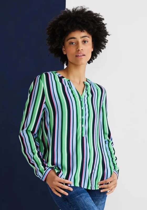 Street One Striped Notch Neck Blouse, Brisk Green Multi Side Tie Blouse