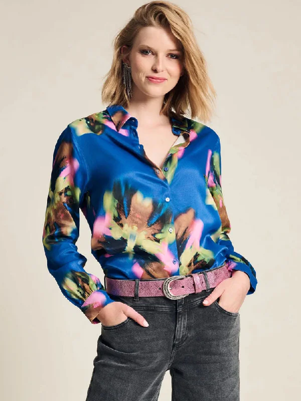 Pom Mila Blouse Satin Butterfly Blue Elegant Lace Blouse