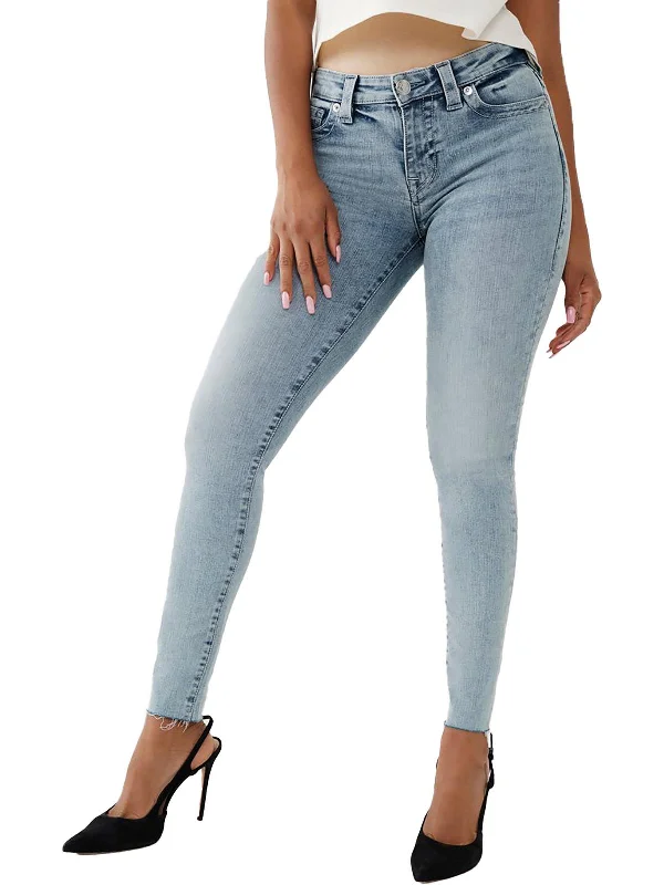 Womens Mid-Rise Raw Hem Skinny Jeans Cozy Stretch High-Waist Jeans