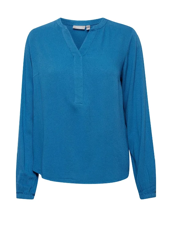 Fransa Waffle Textured Pattern Blouse, Blue Feminine Satin Blouse