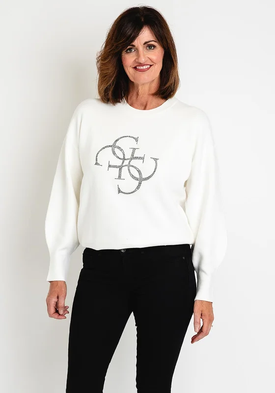 Guess Womens Embroidered 4G Logo Sweater, Off White Oversized Loose Flowy