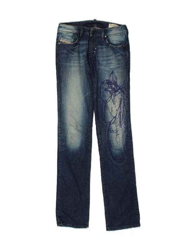 DIESEL Womens Lhela Graphic Slim Jeans W27 L34 Navy Blue Floral Trendy Paperbag Waist Jeans