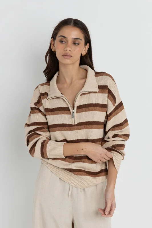 Rhythm 1/4 Zip Isla Striped Jumper - COFFEE Print Jacquard Patchwork