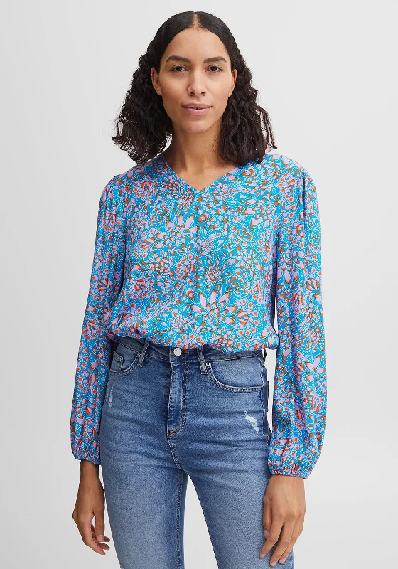 b.young Petal Print Blouse, Blue & Pink Drape Neck Blouse