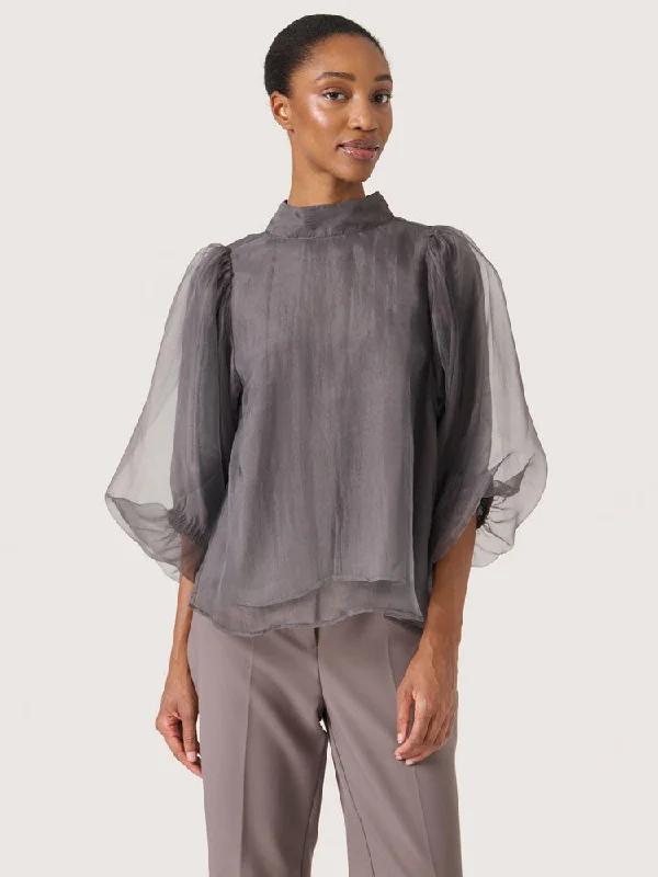 Soaked in Luxury SLChaya Blouse Dark Gull Grey Satin Long Blouse