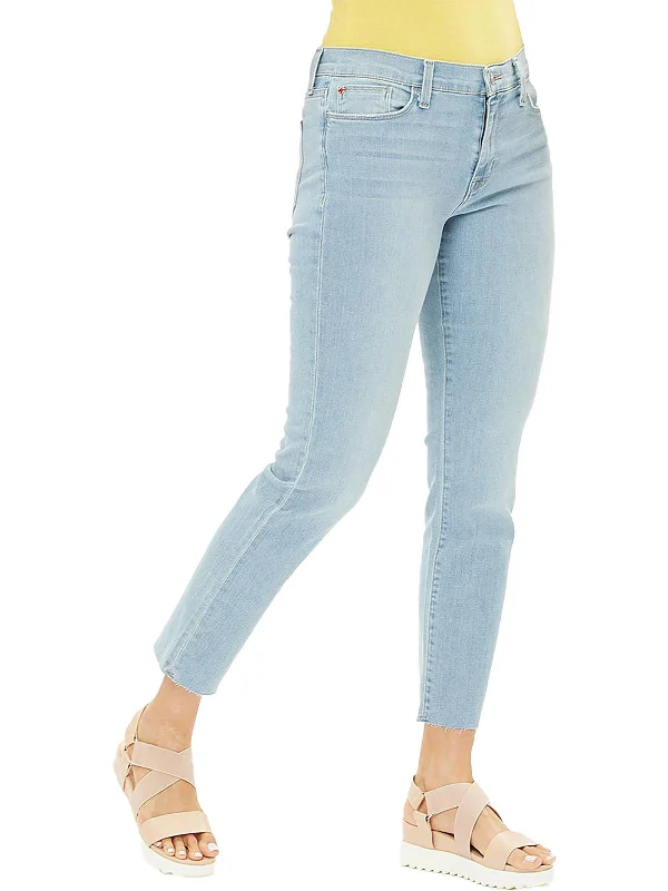 Natalie Womens Mid-Rise Straight Leg Ankle Jeans Trendy Pleated Waist Jeans