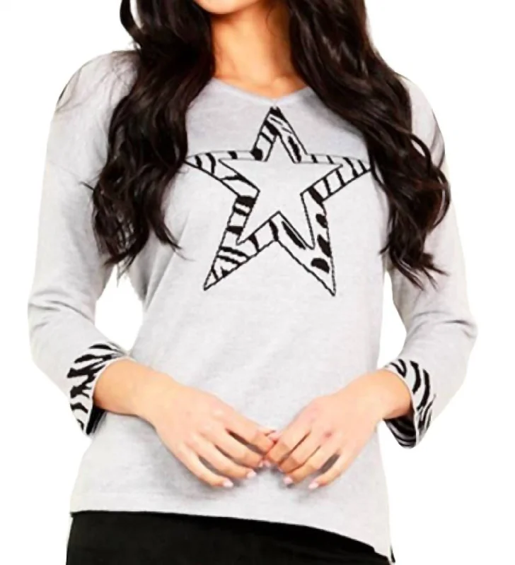 3/4 Star Sleeve V-Neck Sweater In Silver Ribbed Striped Patterned