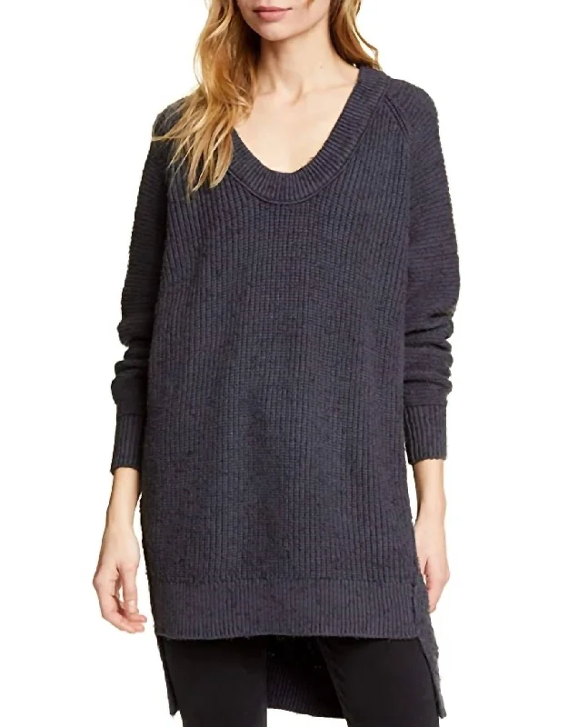 Scoop Pullover Sweater In Charcoal Front Pockets Side Pockets Patch Pockets