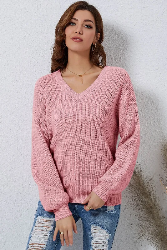 V-Neck Ribbed Dropped Shoulder Sweater Modern Contemporary Chic