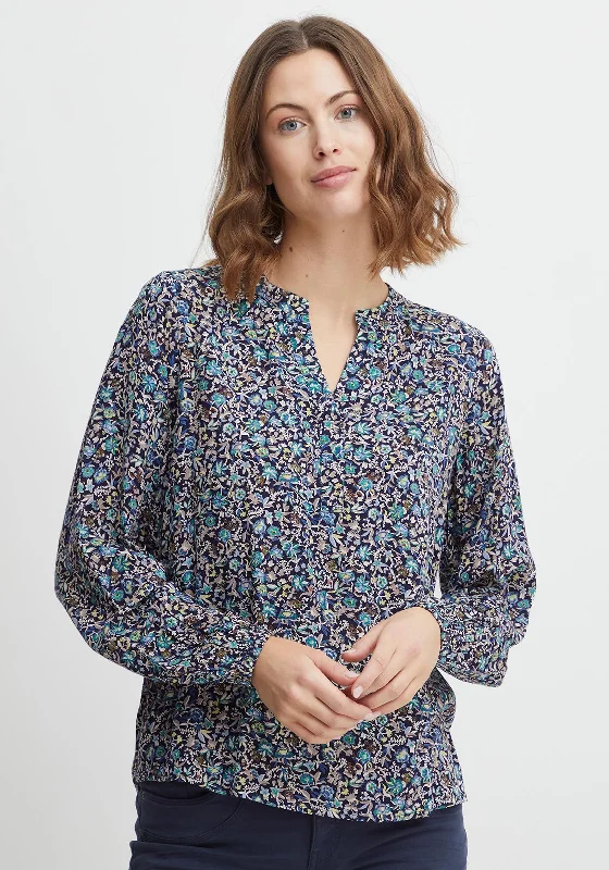 Fransa Dainty Floral Pattern Blouse, Navy Multi Satin Drape Blouse