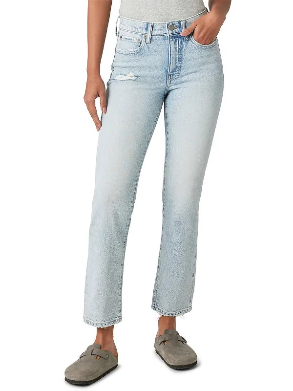 Zoe Womens High-Rise Distressed Straight Leg Jeans Stylish Acid-Wash Jeans