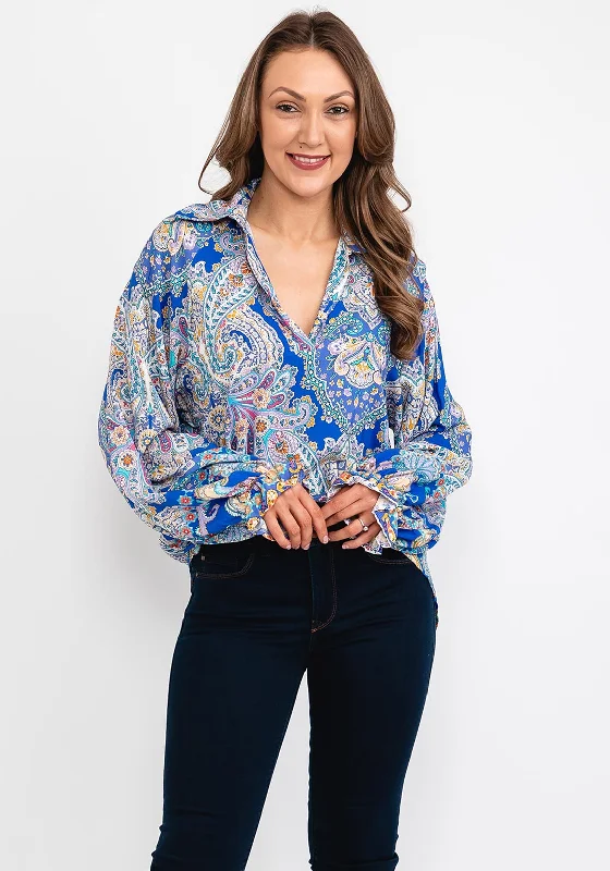 d.e.c.k. by Decollage One Size Paisley Blouse, Royal Blue Polished Work Blouse